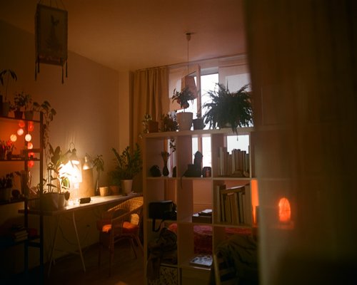 A quiet and dim evening setting at home preparing for rest